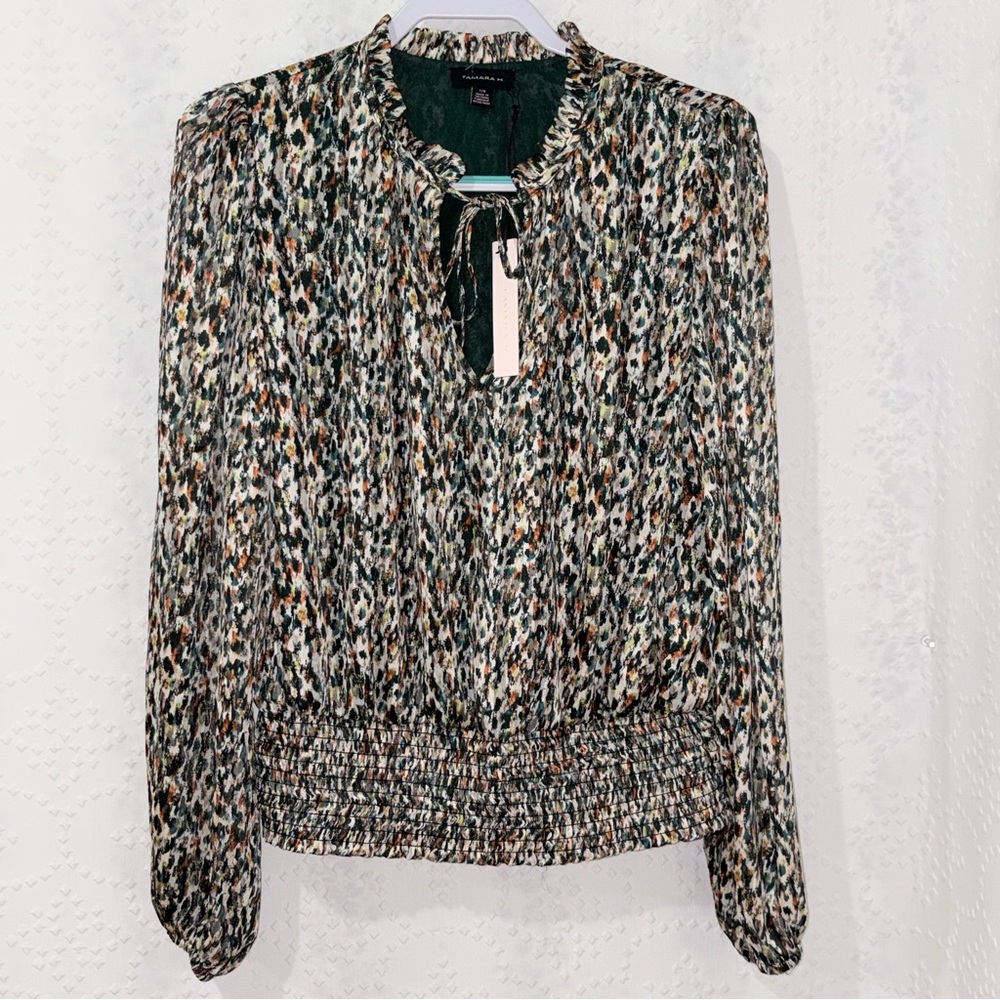 Tamara H Abstract Animal Print Smocked Waist Tie Neck Blouse Large Boho Top